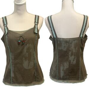 Khaki Cotton Beaded Strap Tank Top Turquoise Detail Boho Lagenlook Fairy Small